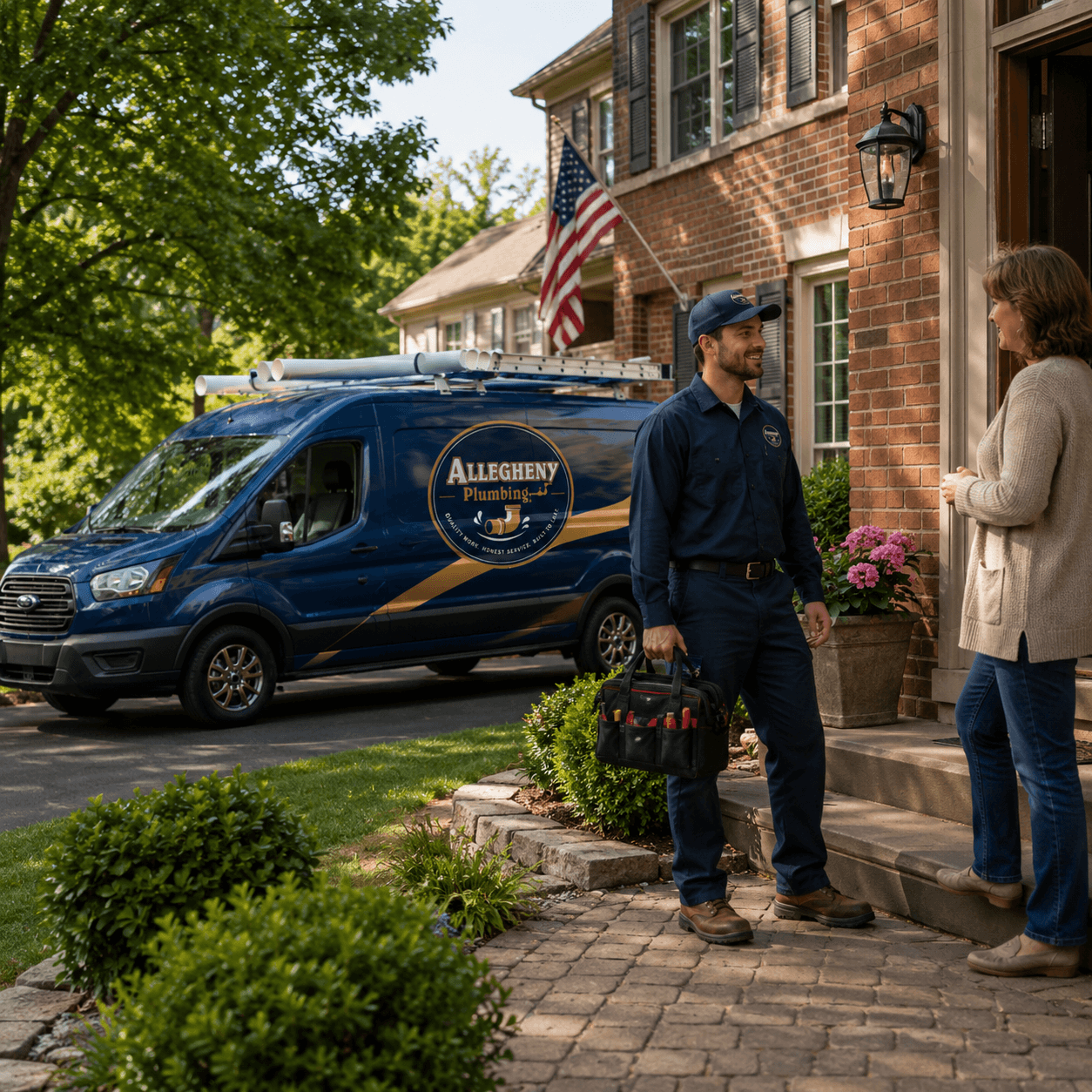 Allegheny Plumbing technician arriving for drain service